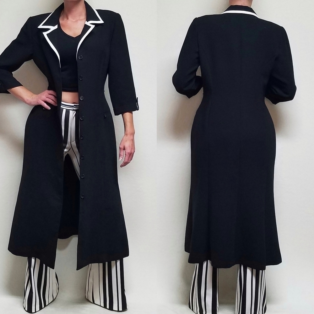 Vintage 80s Studio 1 Black White Trim Ruffle Hem Quarter Sleeve Trenchcoat Dress